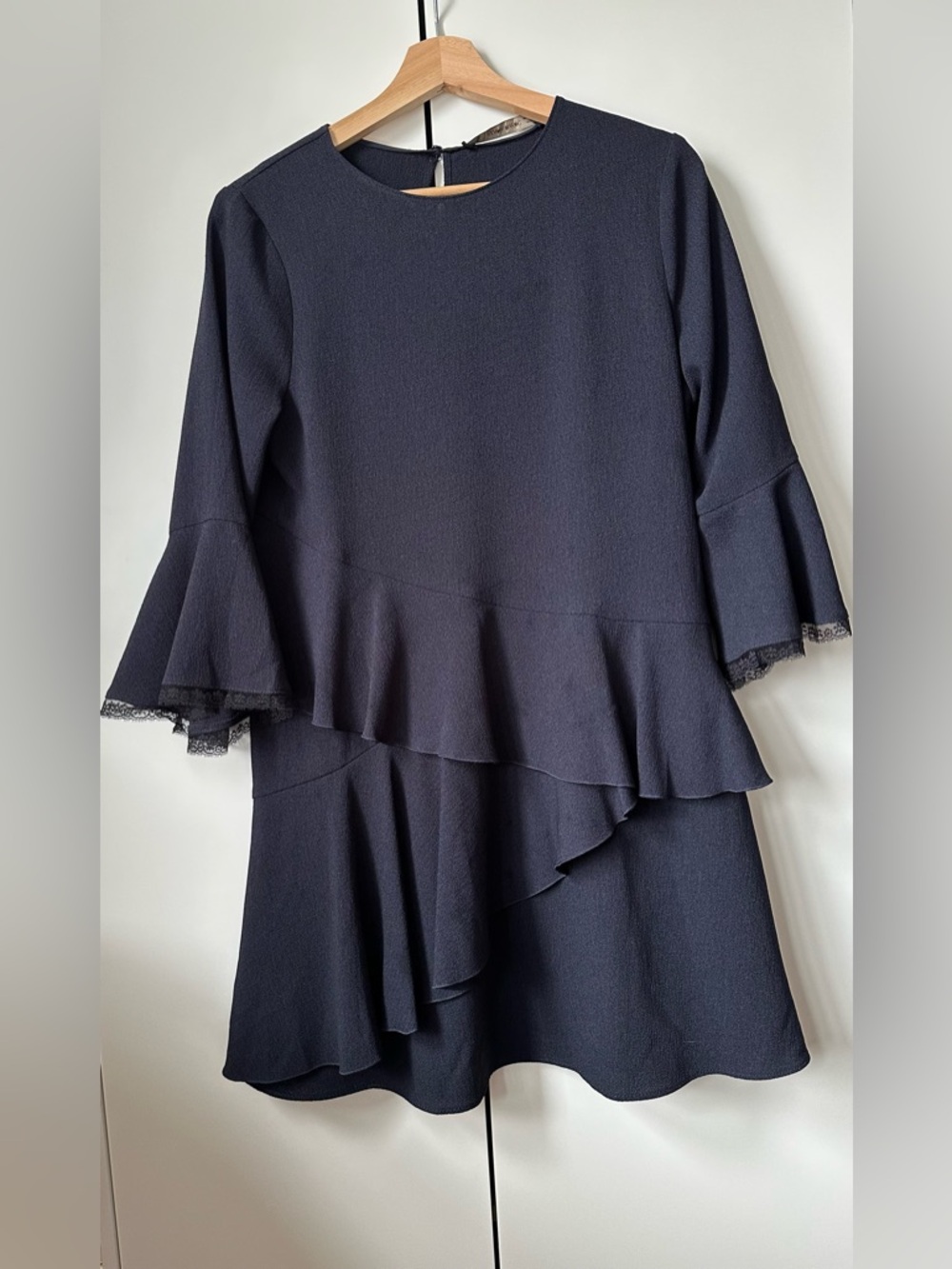 Zara Navy Ruffle A-Line Dress with Lace Trim